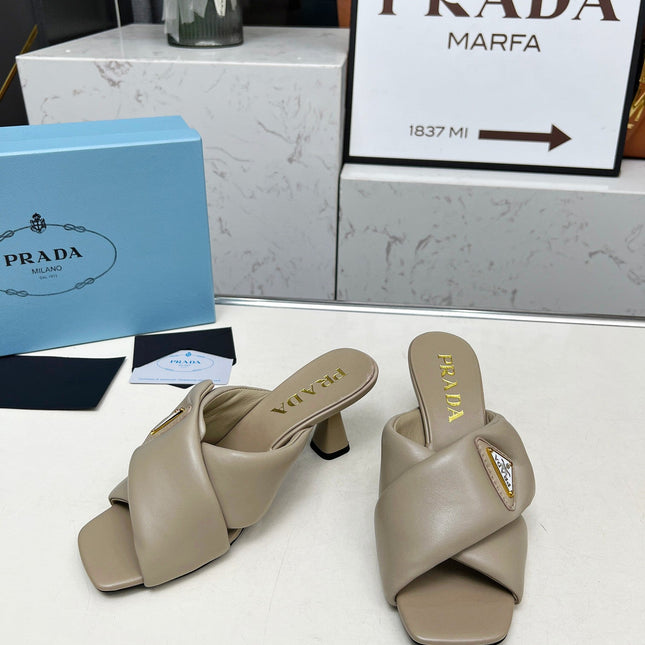 PRA CROSS MULE HEELS IN BEIGE CALFSKIN WITH PADDED STRAPS