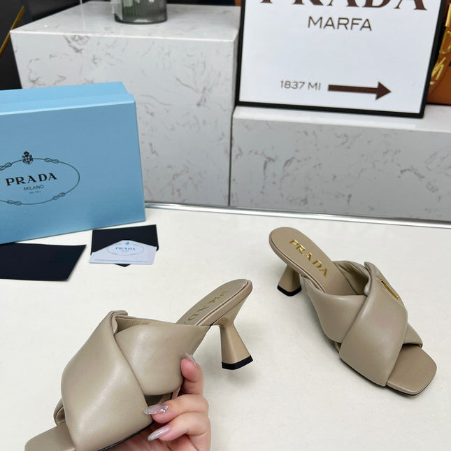 PRA CROSS MULE HEELS IN BEIGE CALFSKIN WITH PADDED STRAPS