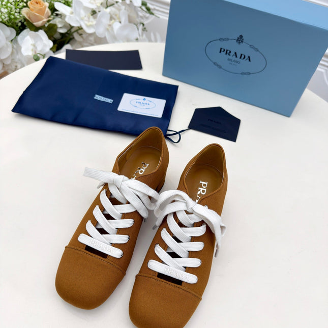 PRADA 25S MARY JANE SHOES 55 MM IN DARK CARAMEL BROWN CANVAS FABRIC