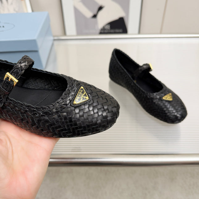 PRADA 26S MARY JANE FLATS IN BLACK WOVEN CALFSKIN