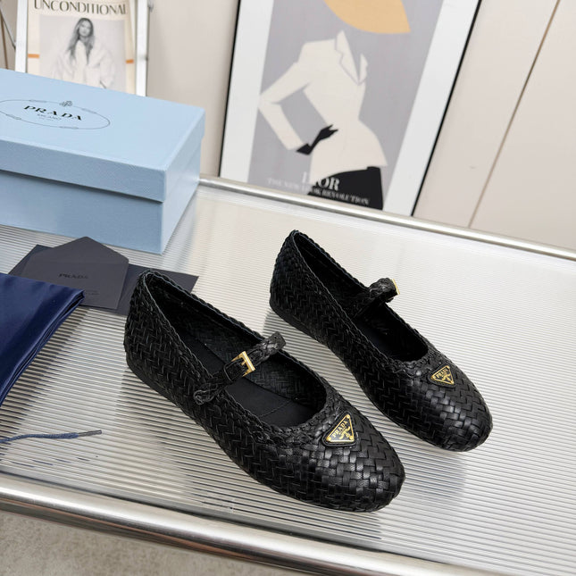 PRADA 26S MARY JANE FLATS IN BLACK WOVEN CALFSKIN