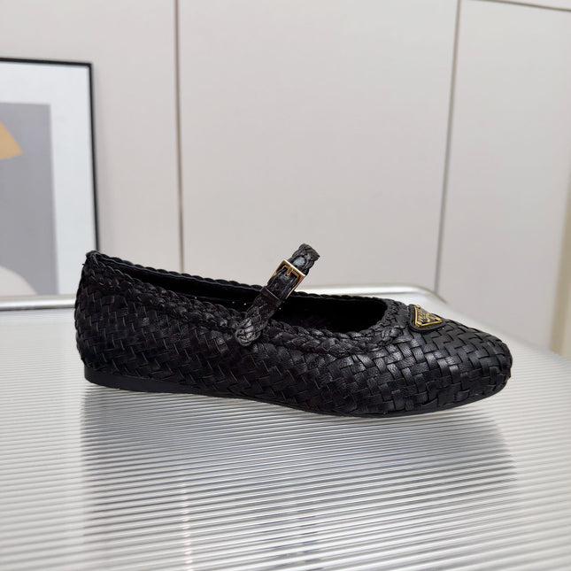 PRADA 26S MARY JANE FLATS IN BLACK WOVEN CALFSKIN