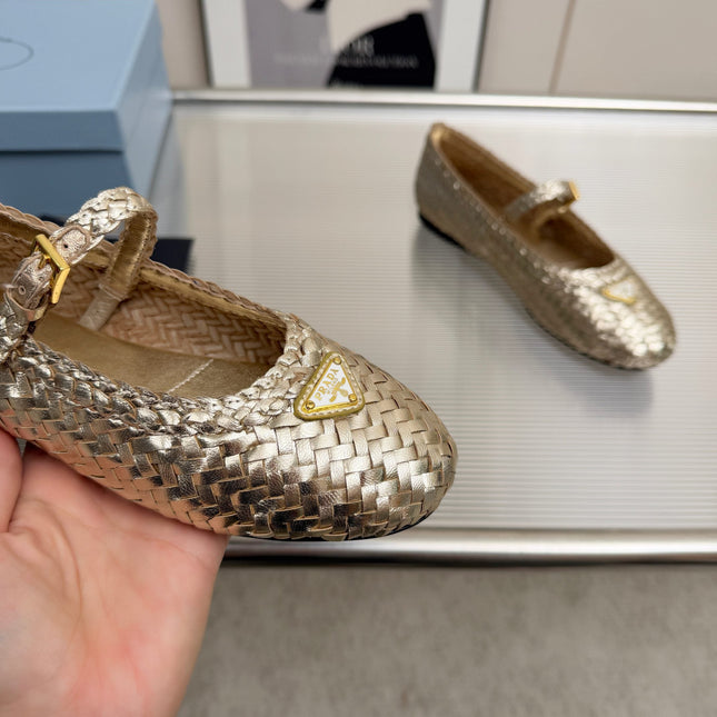 PRADA 26S MARY JANE FLATS IN GOLD WOVEN CALFSKIN