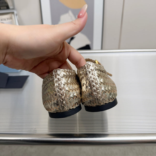 PRADA 26S MARY JANE FLATS IN GOLD WOVEN CALFSKIN