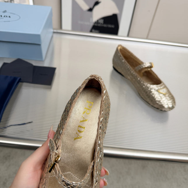 PRADA 26S MARY JANE FLATS IN GOLD WOVEN CALFSKIN