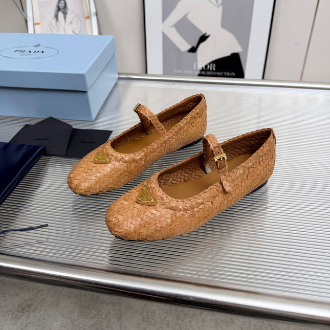 PRADA 26S MARY JANE FLATS IN TAN BROWN WOVEN CALFSKIN