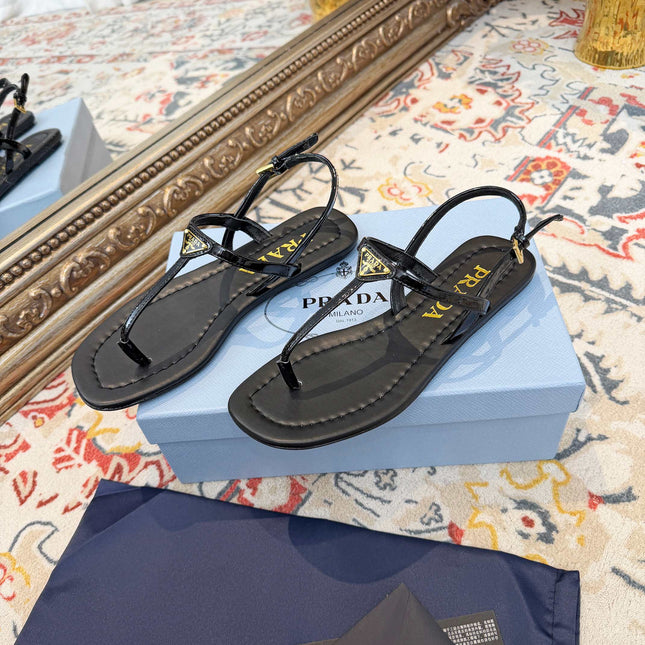 PRADA 26S THONG SANDALS IN BLACK CALFSKIN TRIANGLE LOGO