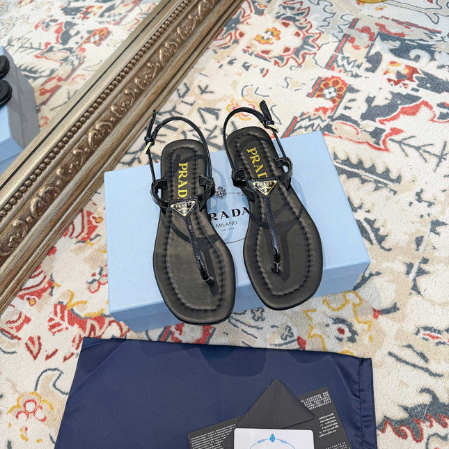 PRADA 26S THONG SANDALS IN BLACK CALFSKIN TRIANGLE LOGO