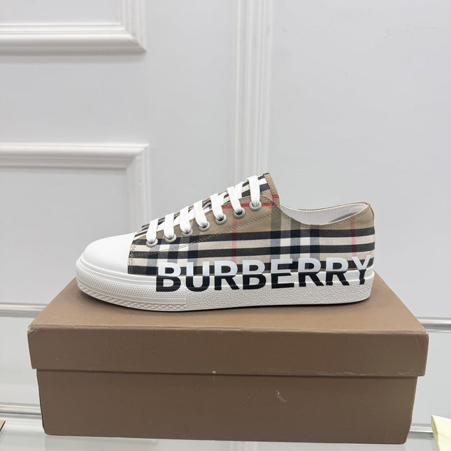 BURBERRY 26S LOGO CHECK LOW TOP SNEAKERS IN ARCHIVE BEIGE CANVAS