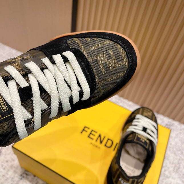 FENDI 25S MATCH SNEAKERS IN BLACK SUEDE MIX BROWN CANVAS STYLE 5