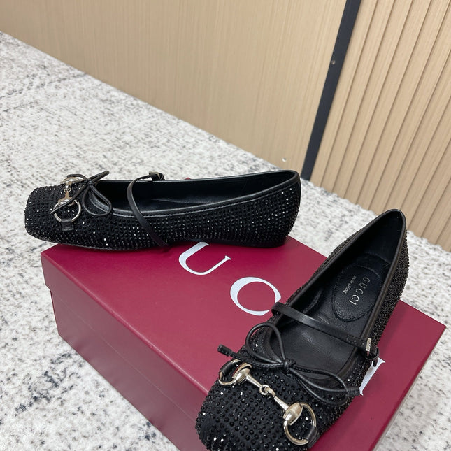 GUCCI 26S BALLET FLATS IN BLACK SUEDE WITH CRYSTALS