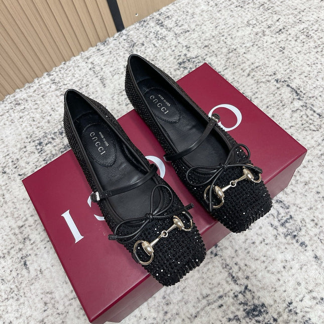 GUCCI 26S BALLET FLATS IN BLACK SUEDE WITH CRYSTALS