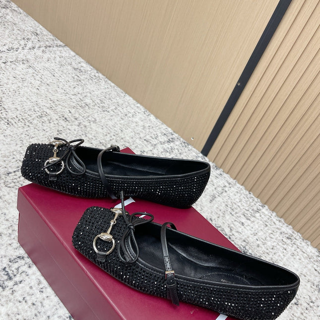 GUCCI 26S BALLET FLATS IN BLACK SUEDE WITH CRYSTALS