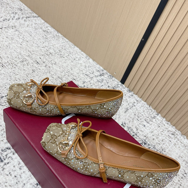 GUCCI 26S BALLET FLATS IN DARK BEIGE CANVAS WITH CRYSTALS