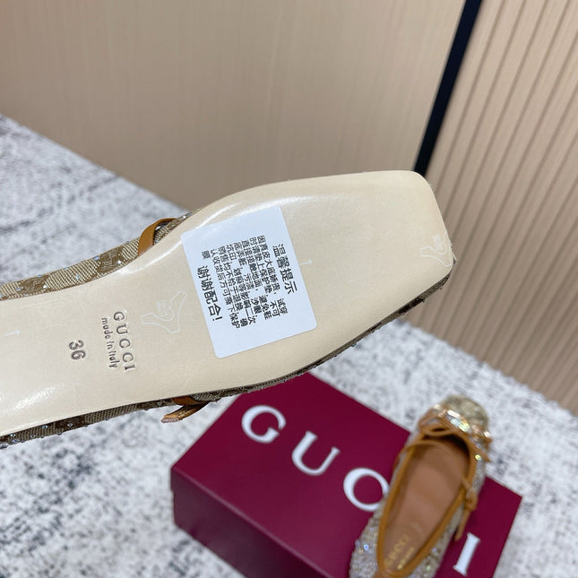 GUCCI 26S BALLET FLATS IN DARK BEIGE CANVAS WITH CRYSTALS