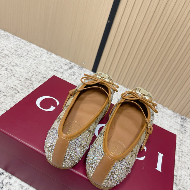 GUCCI 26S BALLET FLATS IN DARK BEIGE CANVAS WITH CRYSTALS