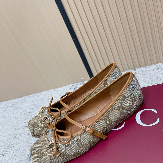 GUCCI 26S BALLET FLATS IN DARK BEIGE CANVAS WITH CRYSTALS