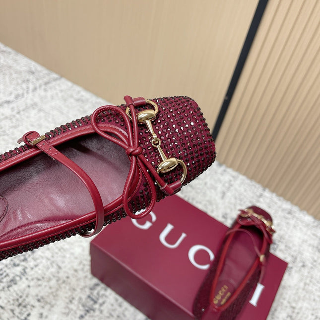 GUCCI 26S BALLET FLATS IN RED WITH CRYSTALS