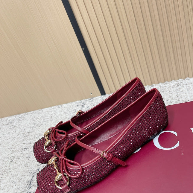 GUCCI 26S BALLET FLATS IN RED WITH CRYSTALS