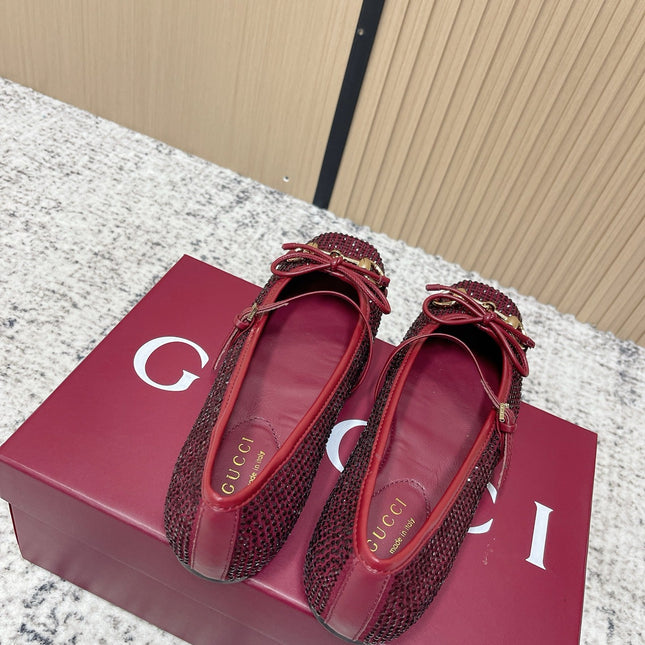 GUCCI 26S BALLET FLATS IN RED WITH CRYSTALS