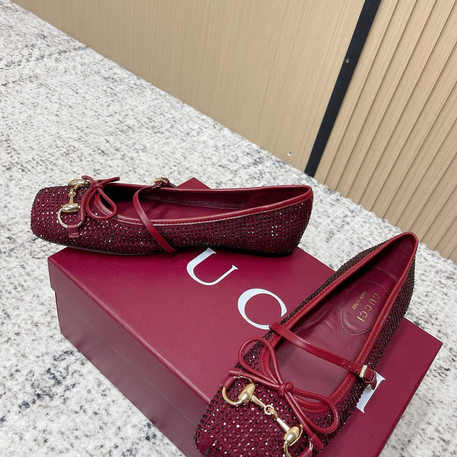 GUCCI 26S BALLET FLATS IN RED WITH CRYSTALS