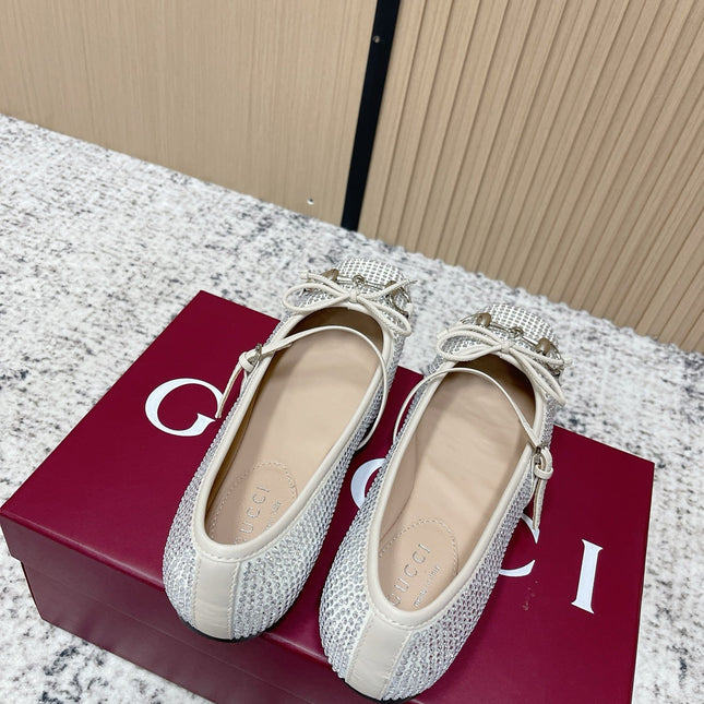 GUCCI 26S BALLET FLATS IN OFF WHITE WITH CRYSTALS