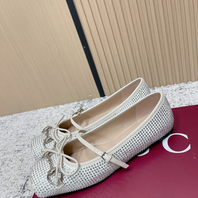 GUCCI 26S BALLET FLATS IN OFF WHITE WITH CRYSTALS