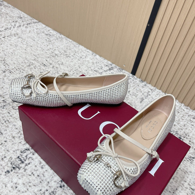 GUCCI 26S BALLET FLATS IN OFF WHITE WITH CRYSTALS