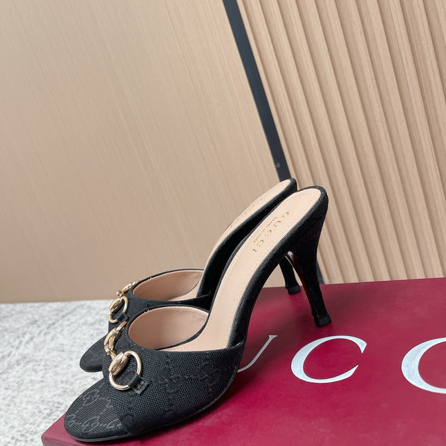 GUCCI 26S HIGH-HEEL SANDALS 85 MM IN BLACK CANVAS