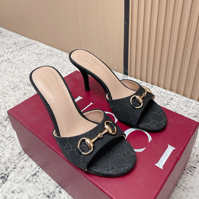 GUCCI 26S HIGH-HEEL SANDALS 85 MM IN BLACK CANVAS