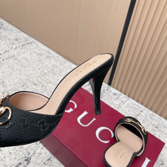 GUCCI 26S HIGH-HEEL SANDALS 85 MM IN BLACK CANVAS