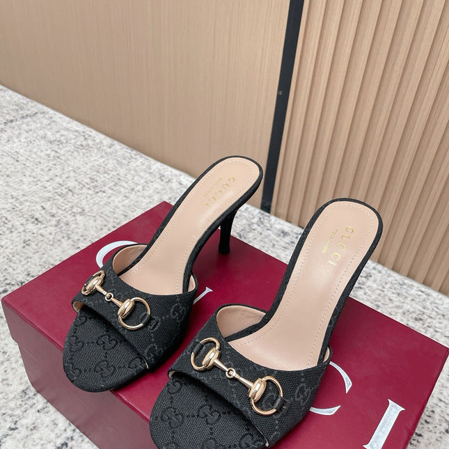 GUCCI 26S HIGH-HEEL SANDALS 85 MM IN BLACK CANVAS