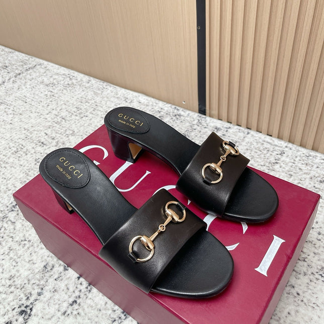 GUCCI 26S HORSEBIT MID-HEEL SANDALS IN BLACK CALFSKIN