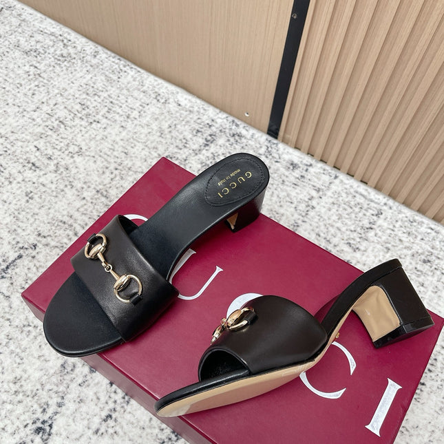 GUCCI 26S HORSEBIT MID-HEEL SANDALS IN BLACK CALFSKIN