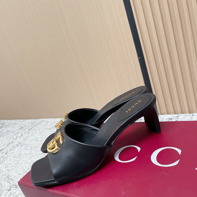 GUCCI 26S GG LOGO HIGH-HEEL MULES IN BLACK CALFSKIN