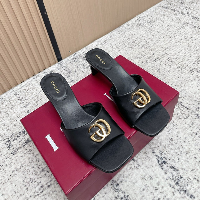GUCCI 26S GG LOGO HIGH-HEEL MULES IN BLACK CALFSKIN