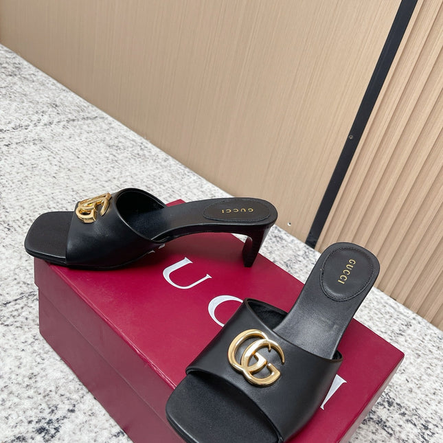 GUCCI 26S GG LOGO HIGH-HEEL MULES IN BLACK CALFSKIN