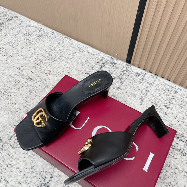 GUCCI 26S GG LOGO HIGH-HEEL MULES IN BLACK CALFSKIN