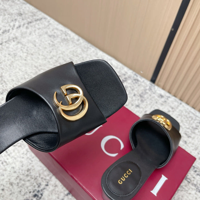 GUCCI 26S GG LOGO HIGH-HEEL MULES IN BLACK CALFSKIN