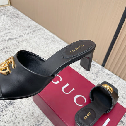 GUCCI 26S GG LOGO HIGH-HEEL MULES IN BLACK CALFSKIN