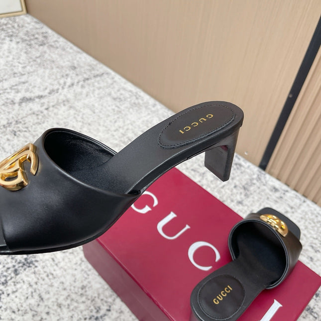 GUCCI 26S GG LOGO HIGH-HEEL MULES IN BLACK CALFSKIN