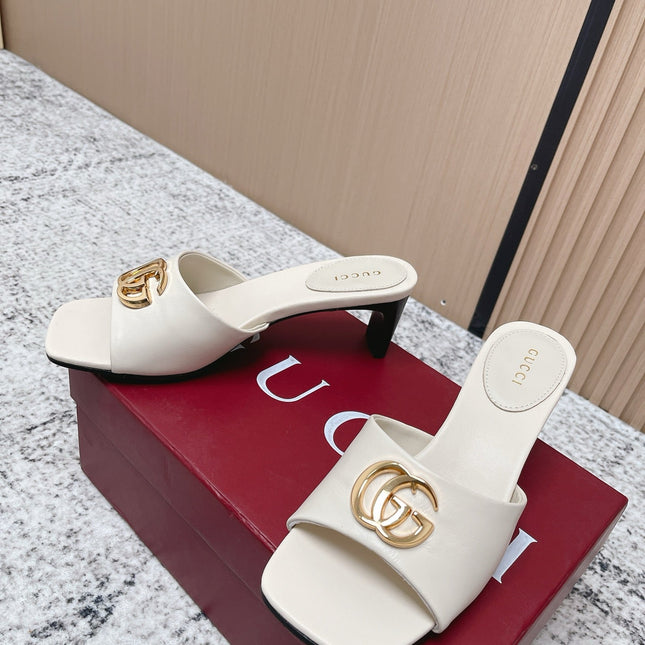 GUCCI 26S GG LOGO HIGH-HEEL MULES IN CREAM WHITE CALFSKIN