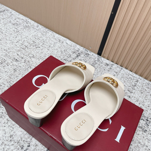 GUCCI 26S GG LOGO HIGH-HEEL MULES IN CREAM WHITE CALFSKIN
