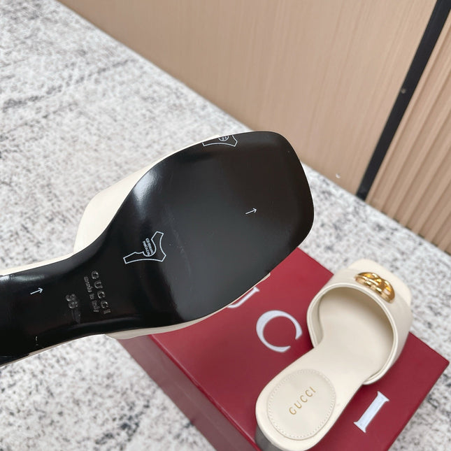 GUCCI 26S GG LOGO HIGH-HEEL MULES IN CREAM WHITE CALFSKIN