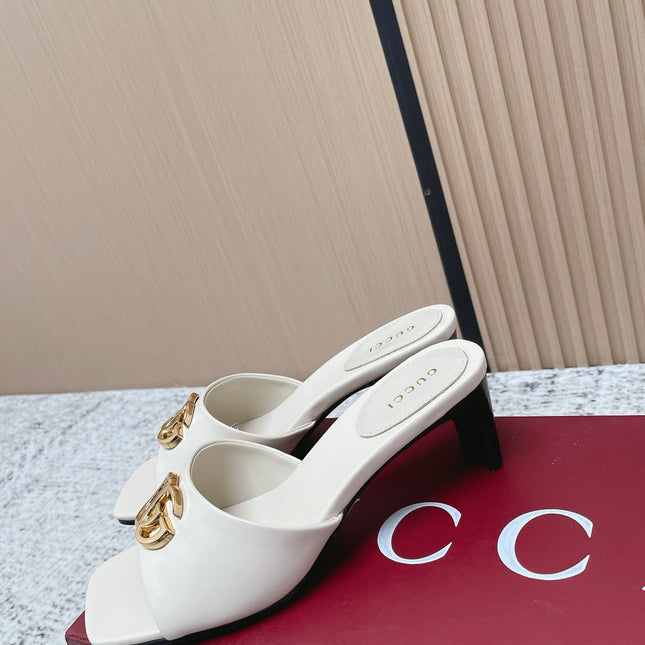 GUCCI 26S GG LOGO HIGH-HEEL MULES IN CREAM WHITE CALFSKIN