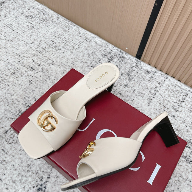 GUCCI 26S GG LOGO HIGH-HEEL MULES IN CREAM WHITE CALFSKIN