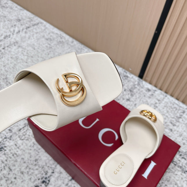 GUCCI 26S GG LOGO HIGH-HEEL MULES IN CREAM WHITE CALFSKIN