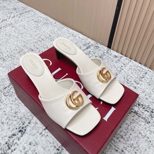 GUCCI 26S GG LOGO HIGH-HEEL MULES IN CREAM WHITE CALFSKIN