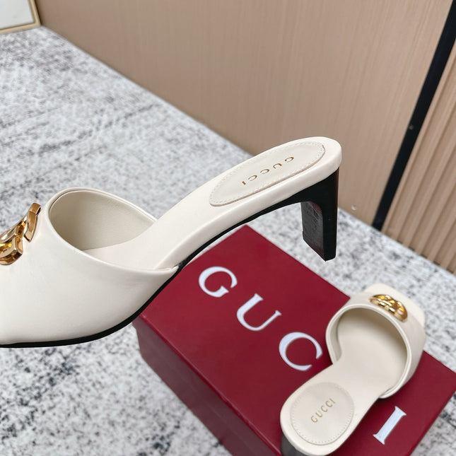 GUCCI 26S GG LOGO HIGH-HEEL MULES IN CREAM WHITE CALFSKIN