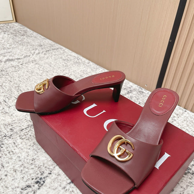 GUCCI 26S GG LOGO HIGH-HEEL MULES IN DARK RED CALFSKIN